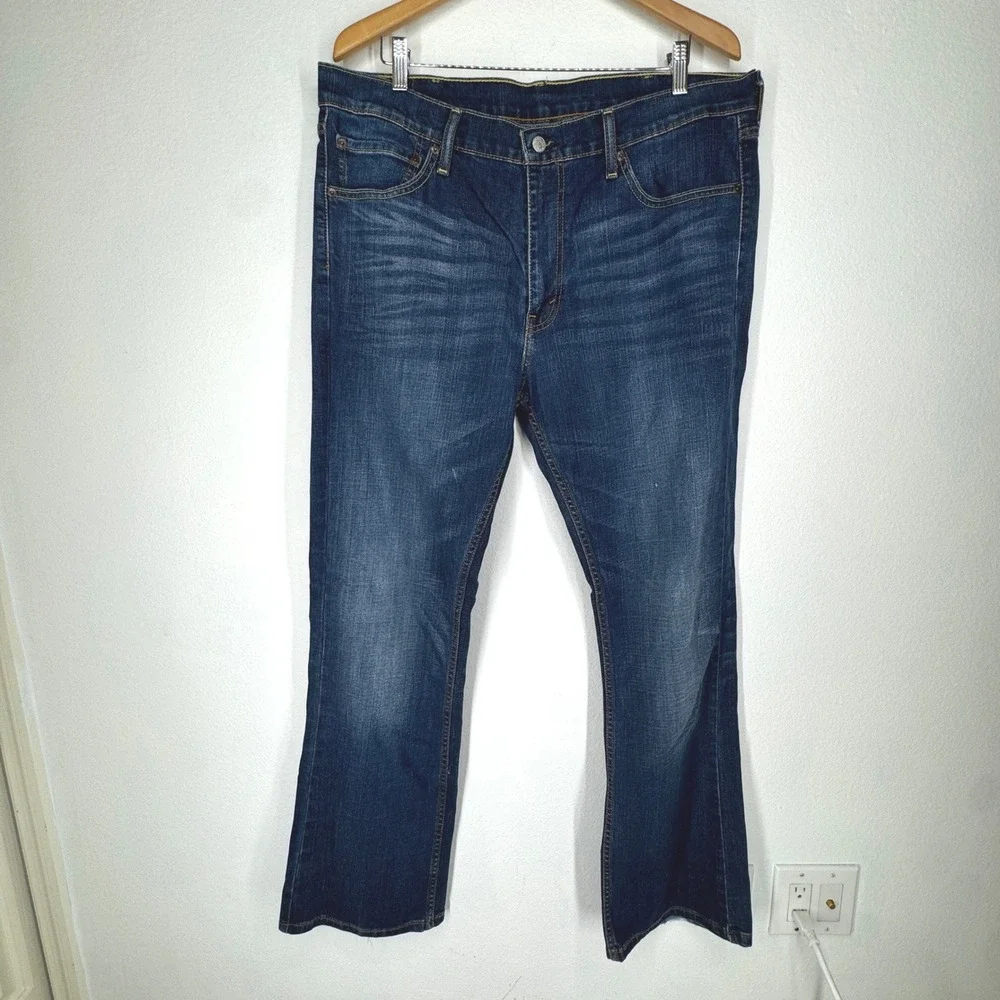 Levis 527 Slim Bootcut Jeans Mens 38x32 Dark Wash Stretch‎ Denim Blue Whiskered